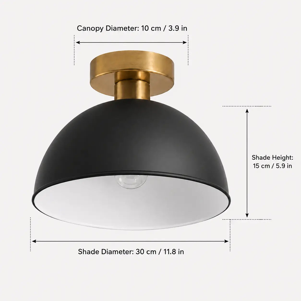Dimension diagram of a black dome ceiling light showing 11.8 in. shade diameter, 5.9 in. shade height, and 3.9 in canopy diameter
