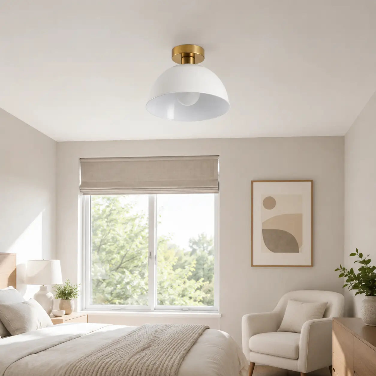 White dome semi-flush mount ceiling light installed on a bedroom ceiling near a window and armchair