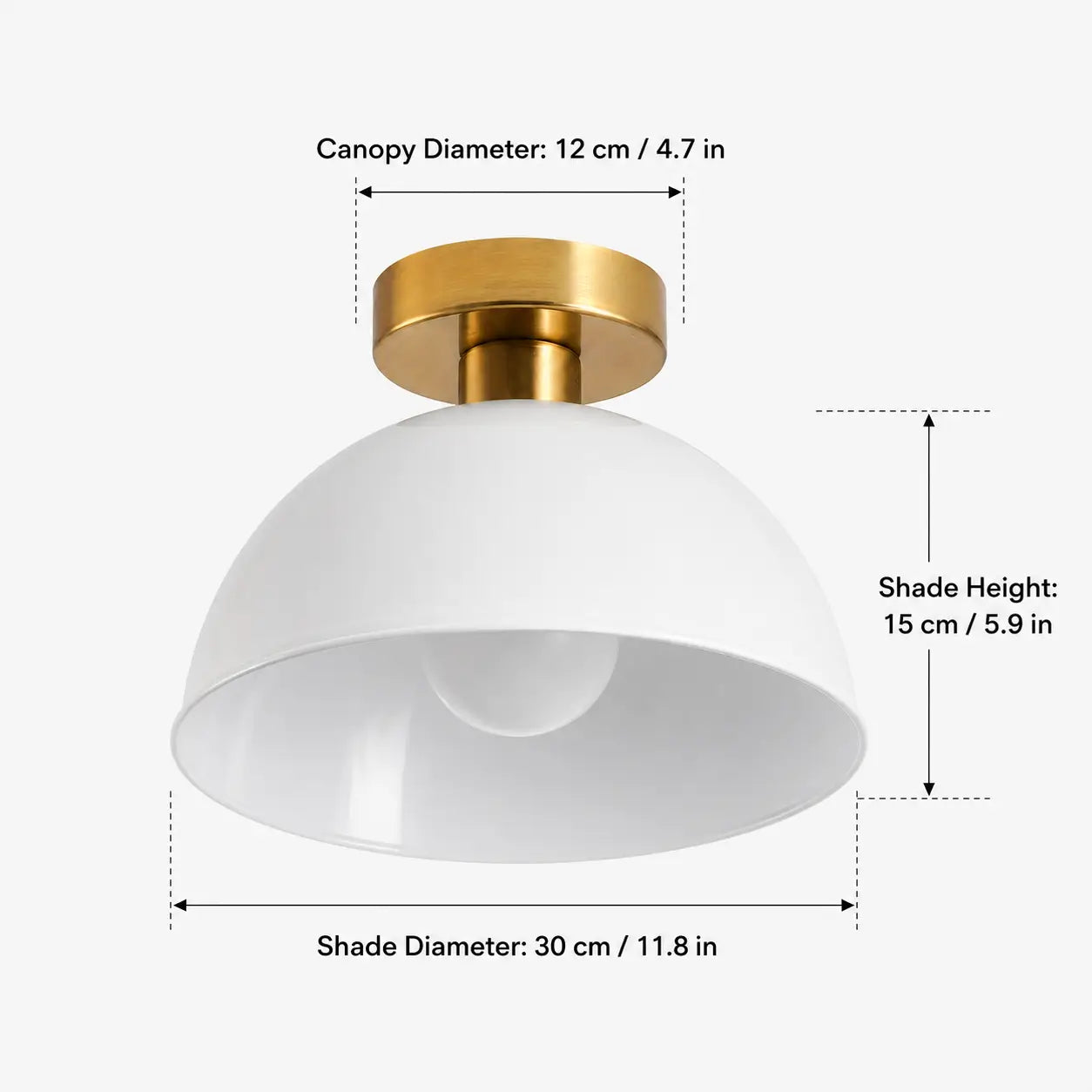 Dimension diagram of a white dome ceiling light showing 11.8 in. shade diameter, 5.9 in. shade height, and 4.7 in. canopy diameter