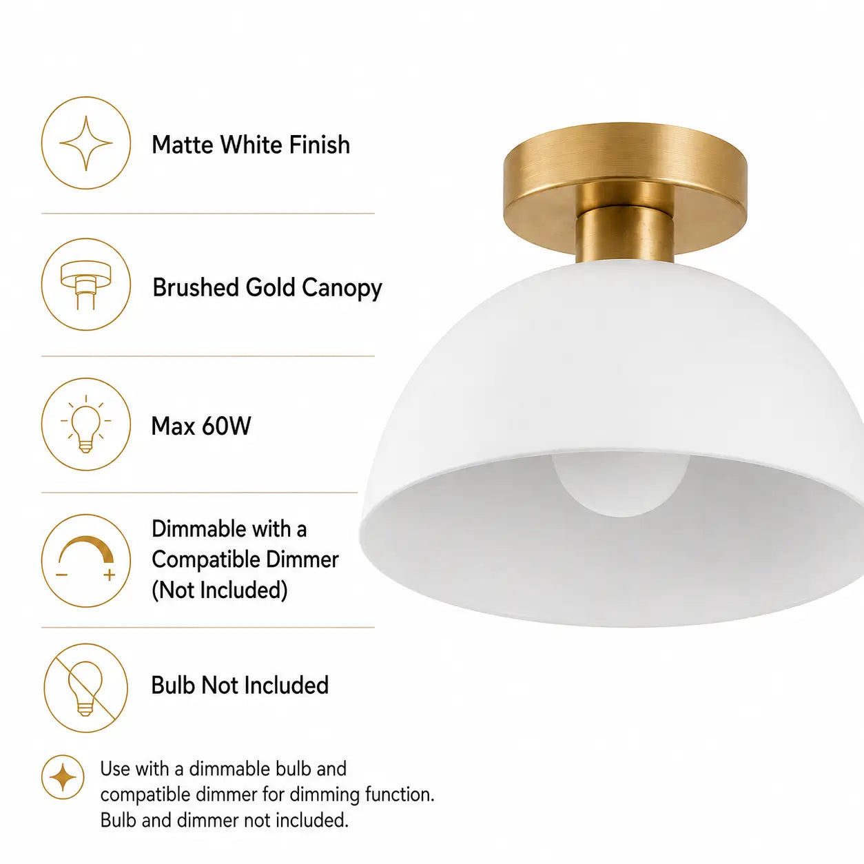 Feature icon graphic listing matte white finish, brushed gold canopy, max 60W, dimmable with compatible dimmer, and bulb not included
