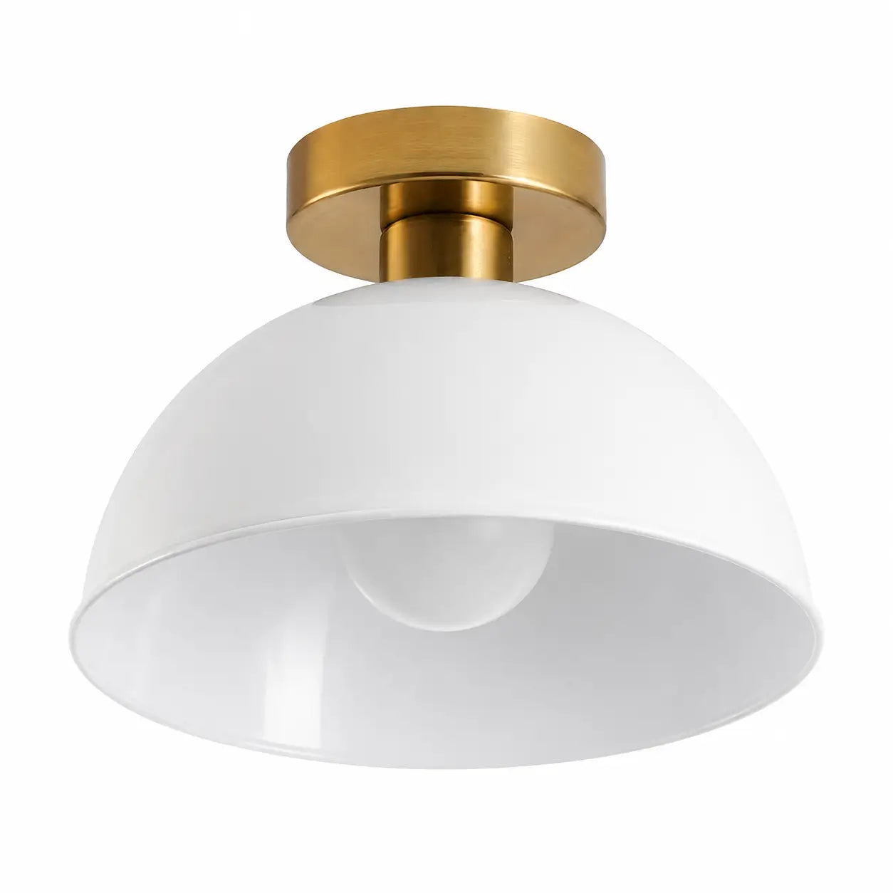 White dome semi-flush mount ceiling light with a brushed gold canopy on a white background