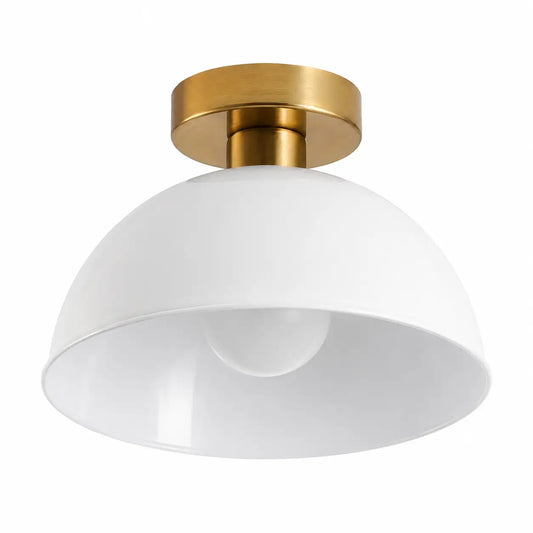 White dome semi-flush mount ceiling light with a brushed gold canopy on a white background