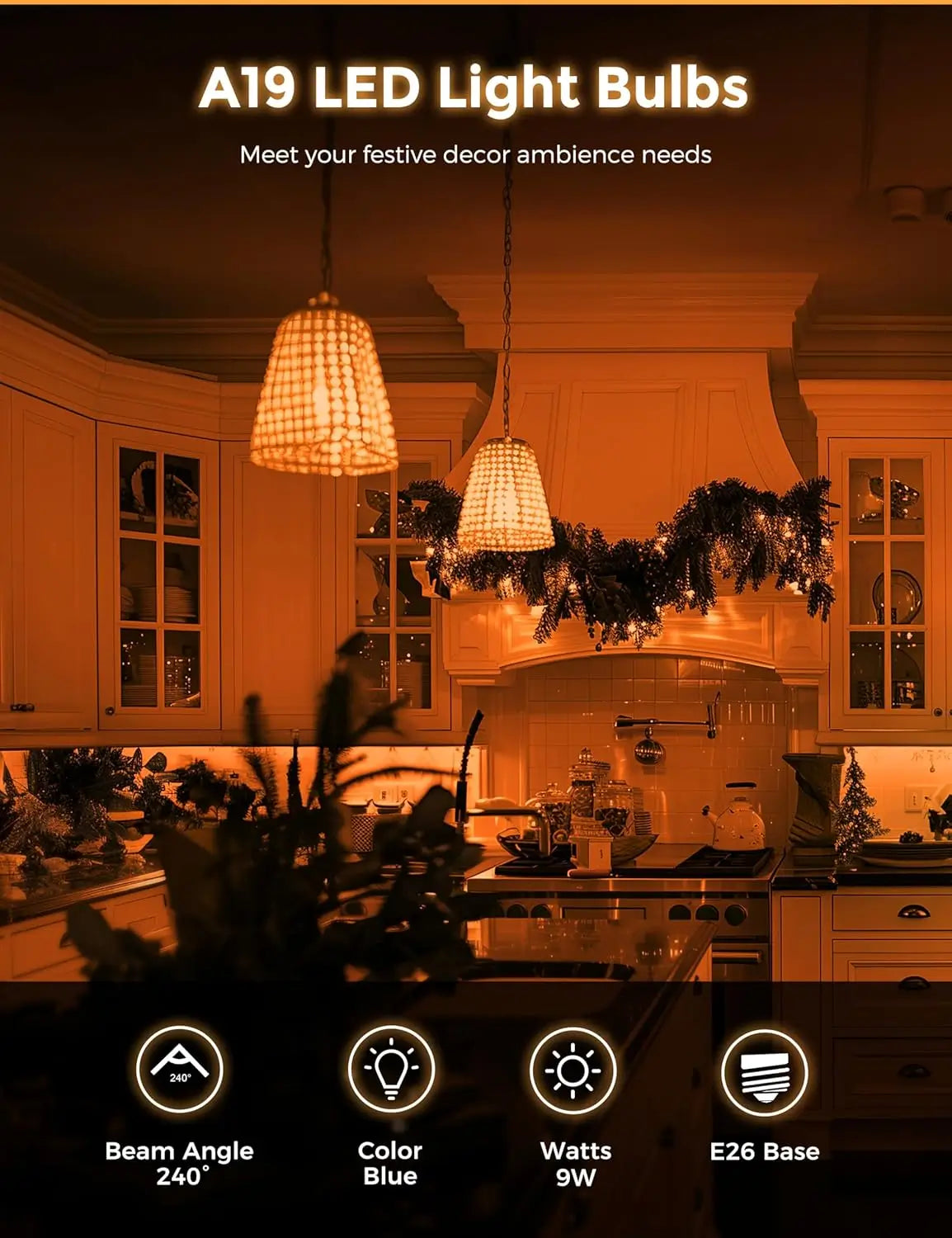 A19 orange LED light bulbs creating festive ambience in kitchen décor.