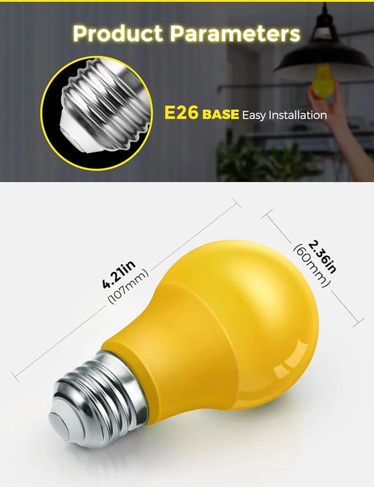Amber LED bug bulb with E26 base and size dimensions.