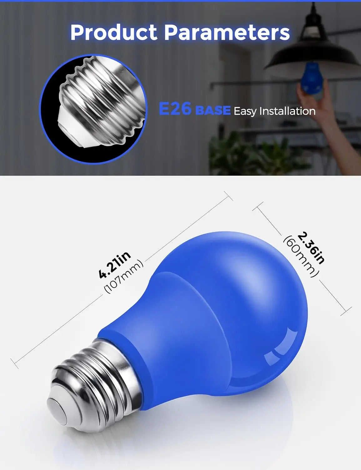 Product size and E26 base details of blue LED light bulb for easy installation.