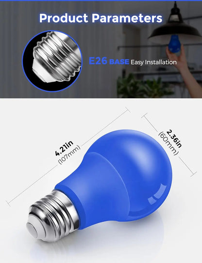 Product size and E26 base details of blue LED light bulb for easy installation.