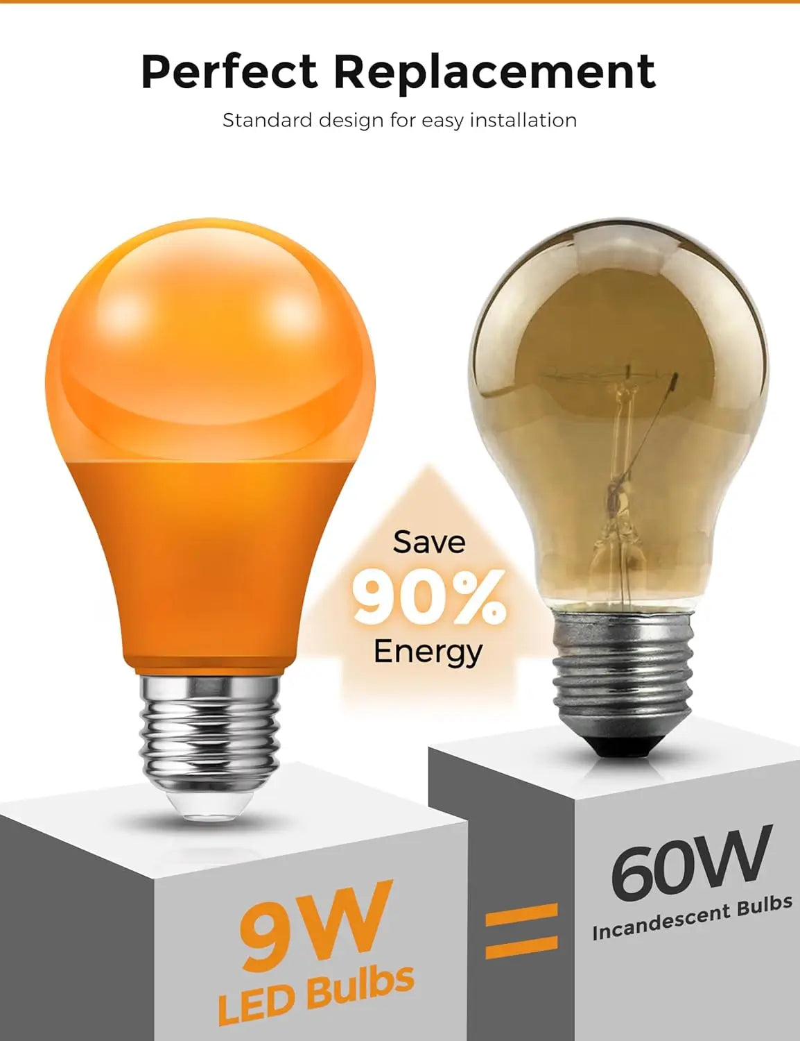 9W orange LED bulb replacing 60W incandescent – energy saving up to 90%.