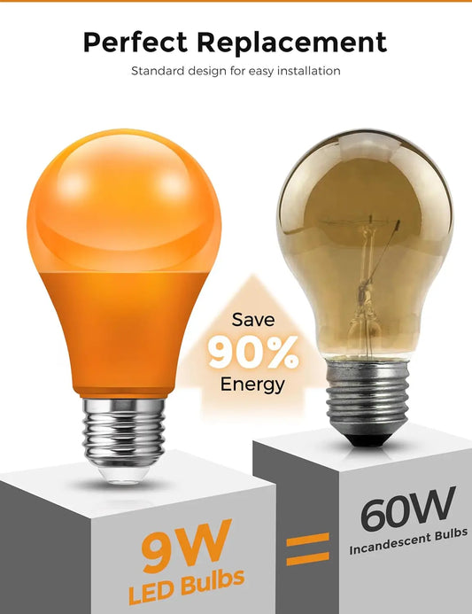9W orange LED bulb replacing 60W incandescent – energy saving up to 90%.