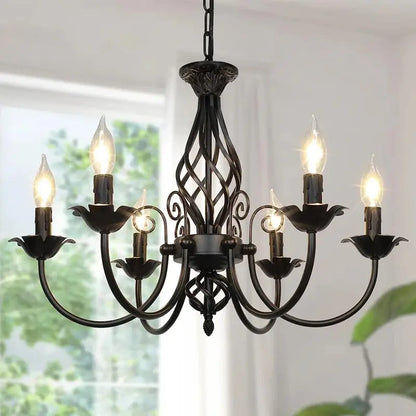 Black farmhouse chandelier with vintage rustic design and 6 candle-style lights, perfect for dining rooms or living spaces.