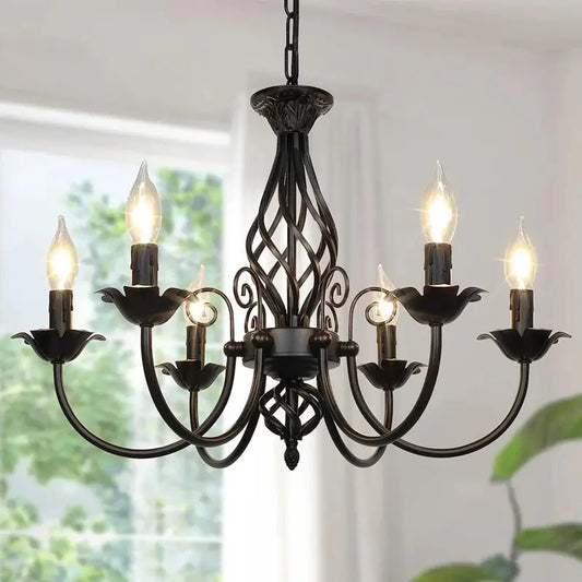 Black farmhouse chandelier with vintage rustic design and 6 candle-style lights, perfect for dining rooms or living spaces.