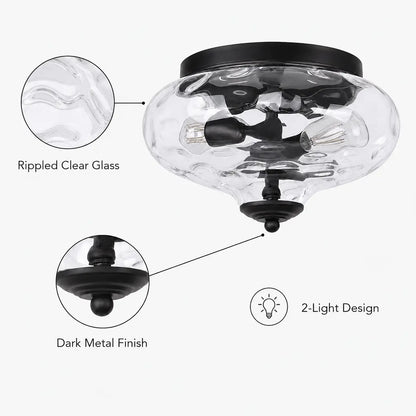 Close-up callout of the rippled clear glass texture, black metal finish, and 2-light design on this flush mount.