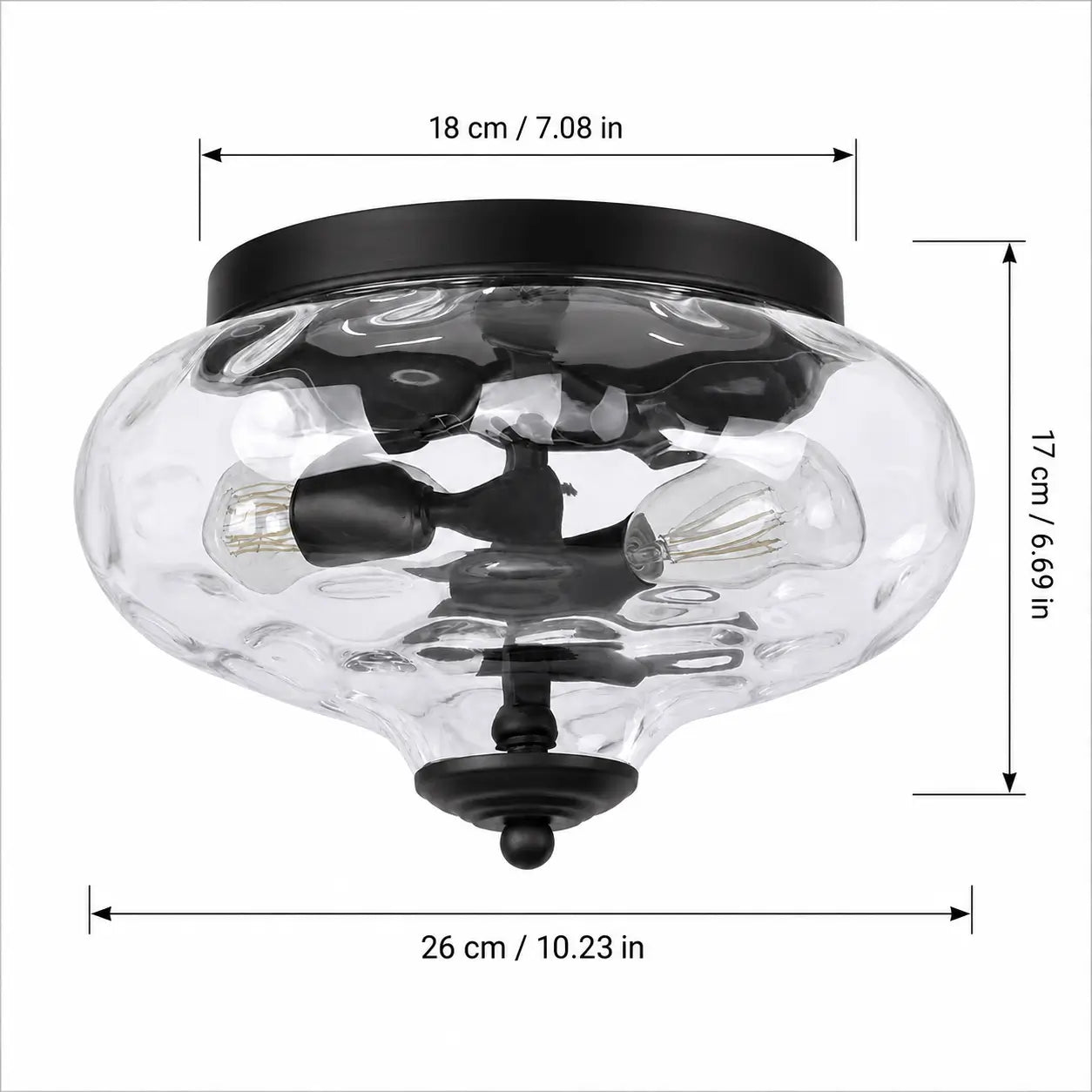 Dimension diagram of the flush mount ceiling light: 18 cm canopy, 26 cm glass width, 17 cm overall height.