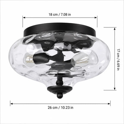 Dimension diagram of the flush mount ceiling light: 18 cm canopy, 26 cm glass width, 17 cm overall height.