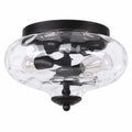 Black flush mount ceiling light with rippled clear glass shade and two exposed bulbs, studio product shot.
