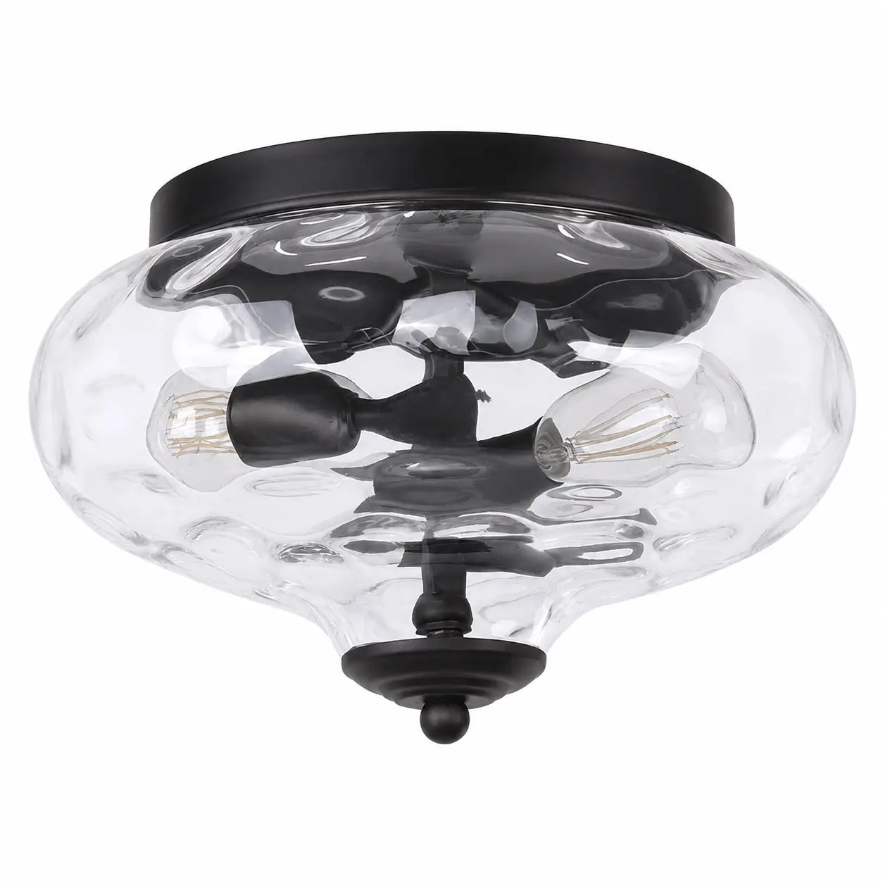 Black flush mount ceiling light with rippled clear glass shade and two exposed bulbs, studio product shot.