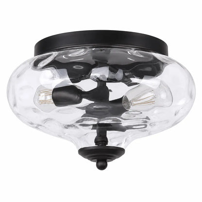 Black flush mount ceiling light with rippled clear glass shade and two exposed bulbs, studio product shot.