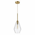 Geometric clear glass pendant light with warm gold metal accents on a white background.