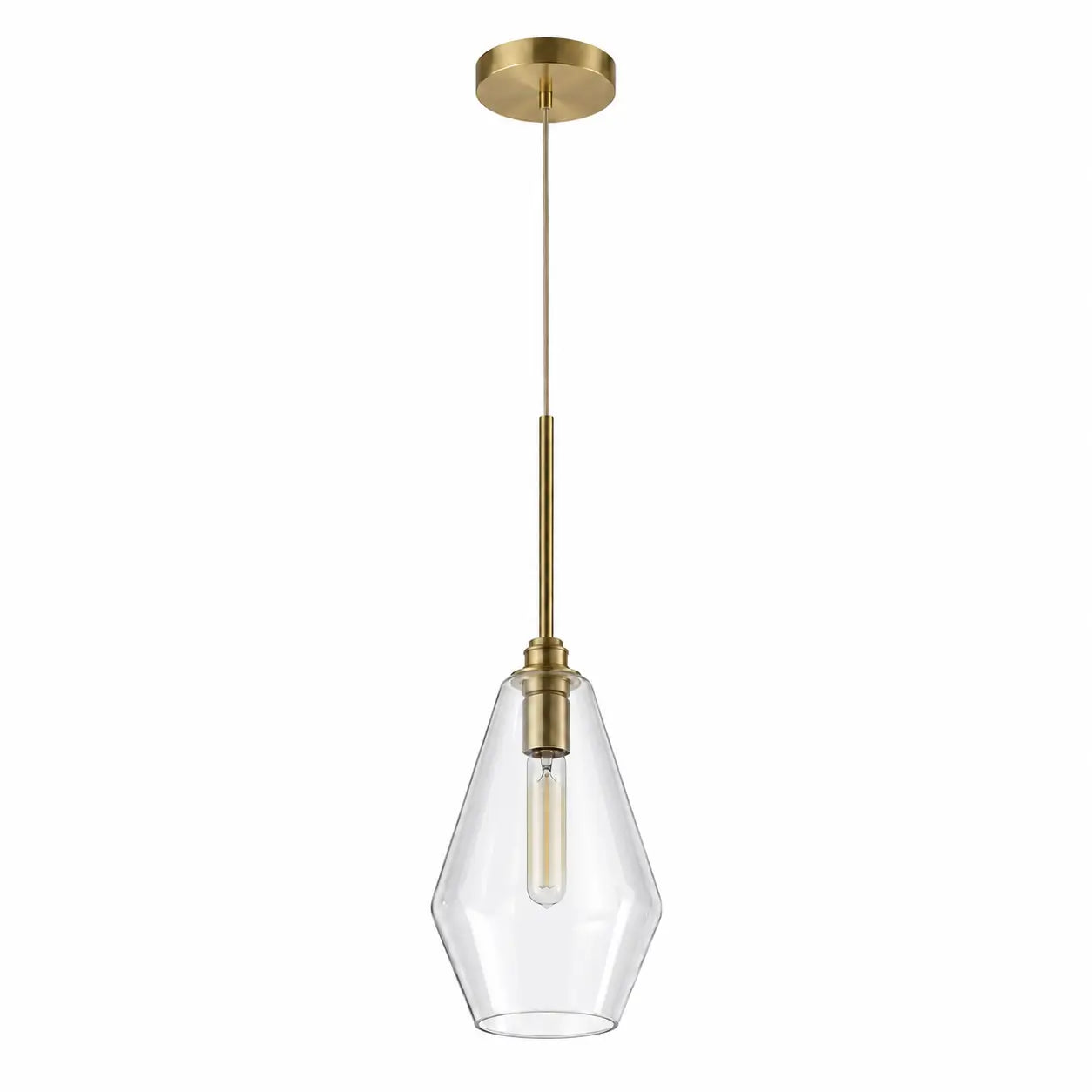 Geometric clear glass pendant light with warm gold metal accents on a white background.