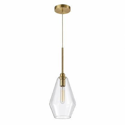 Geometric clear glass pendant light with warm gold metal accents on a white background.