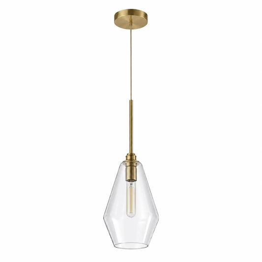 Geometric clear glass pendant light with warm gold metal accents on a white background.