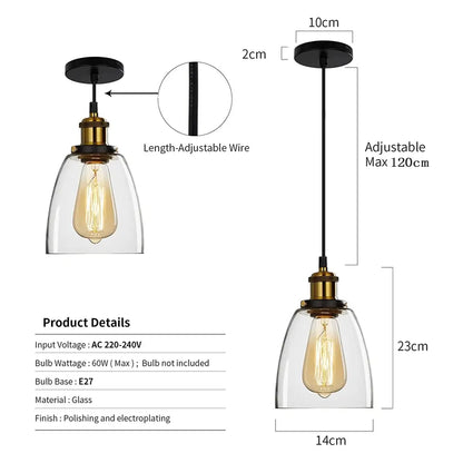 Dimensions and product details for a vintage style glass pendant light with adjustable wire, E27 bulb base.