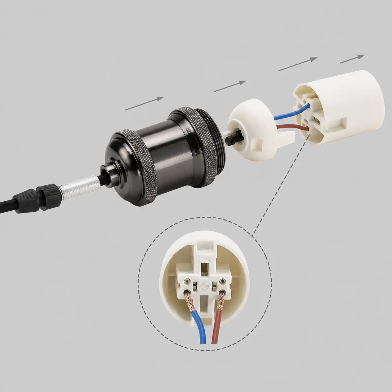 Exploded view of a Glossy Black DIY lamp socket showing the aluminum shell, internal PBT core, terminals, wires, and cord grip.