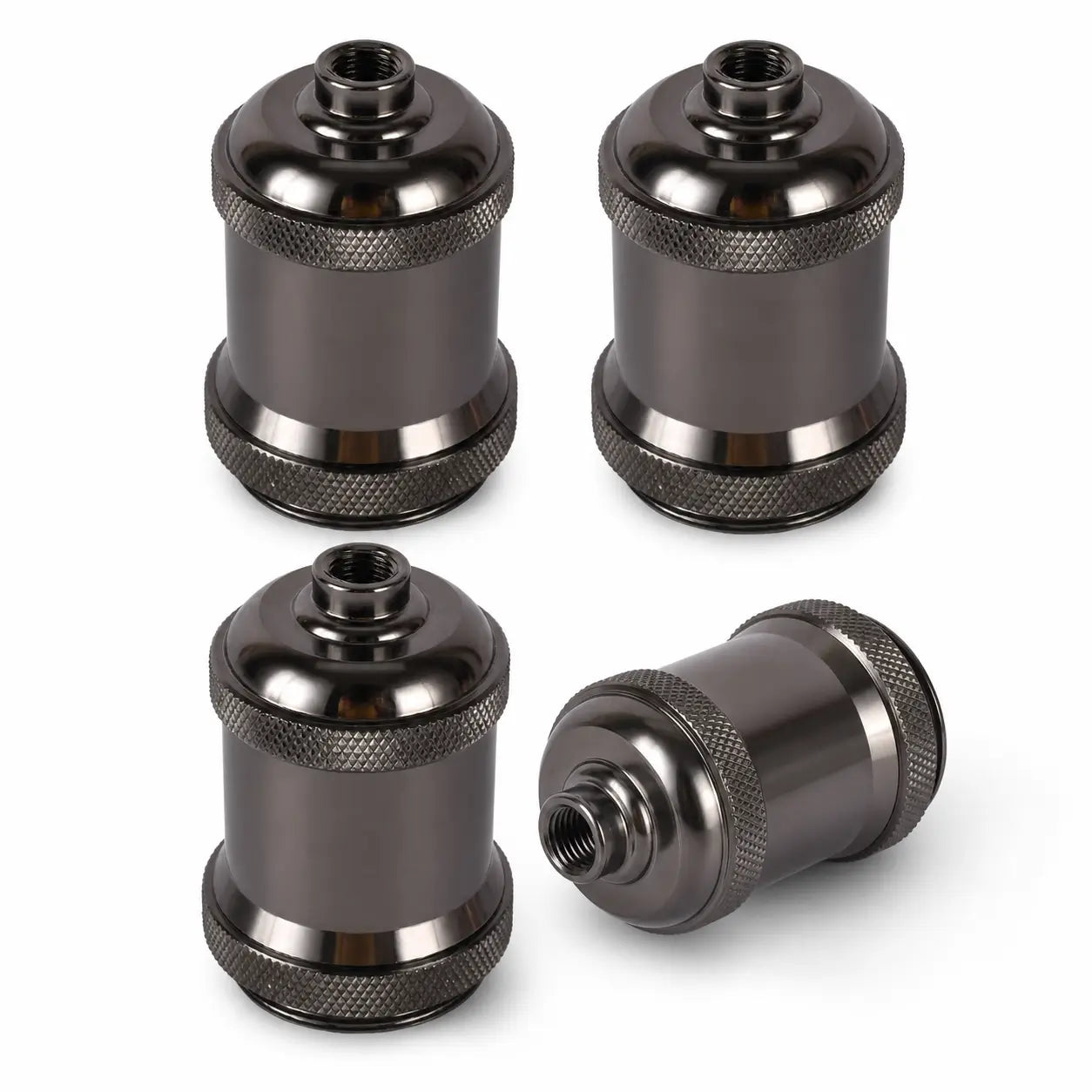 Four Glossy Black aluminum alloy DIY lamp sockets shown upright and on their side to display the threaded openings.