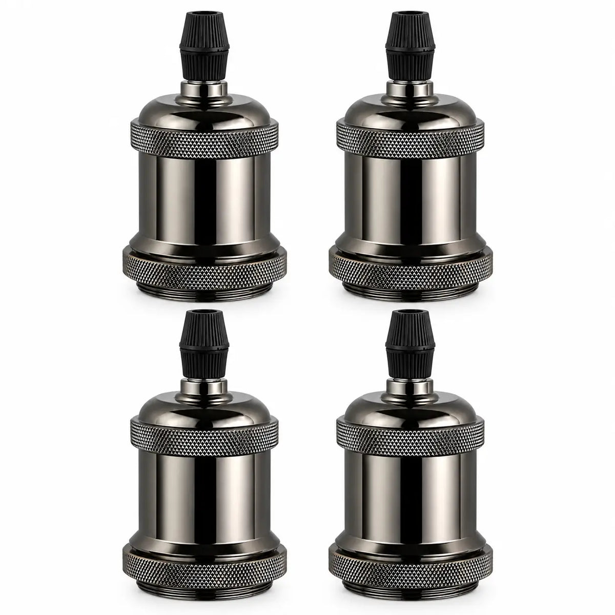 Four glossy black vintage lamp sockets arranged in a grid, each featuring a reflective metallic finish, diamond-knurled grip rings, and a black ribbed top cap.