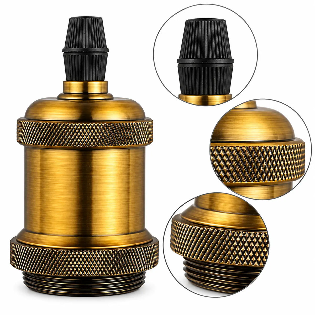 Gold-toned vintage lamp socket with enlarged details of the black ribbed top cap, diamond-knurled rings, and threaded base.