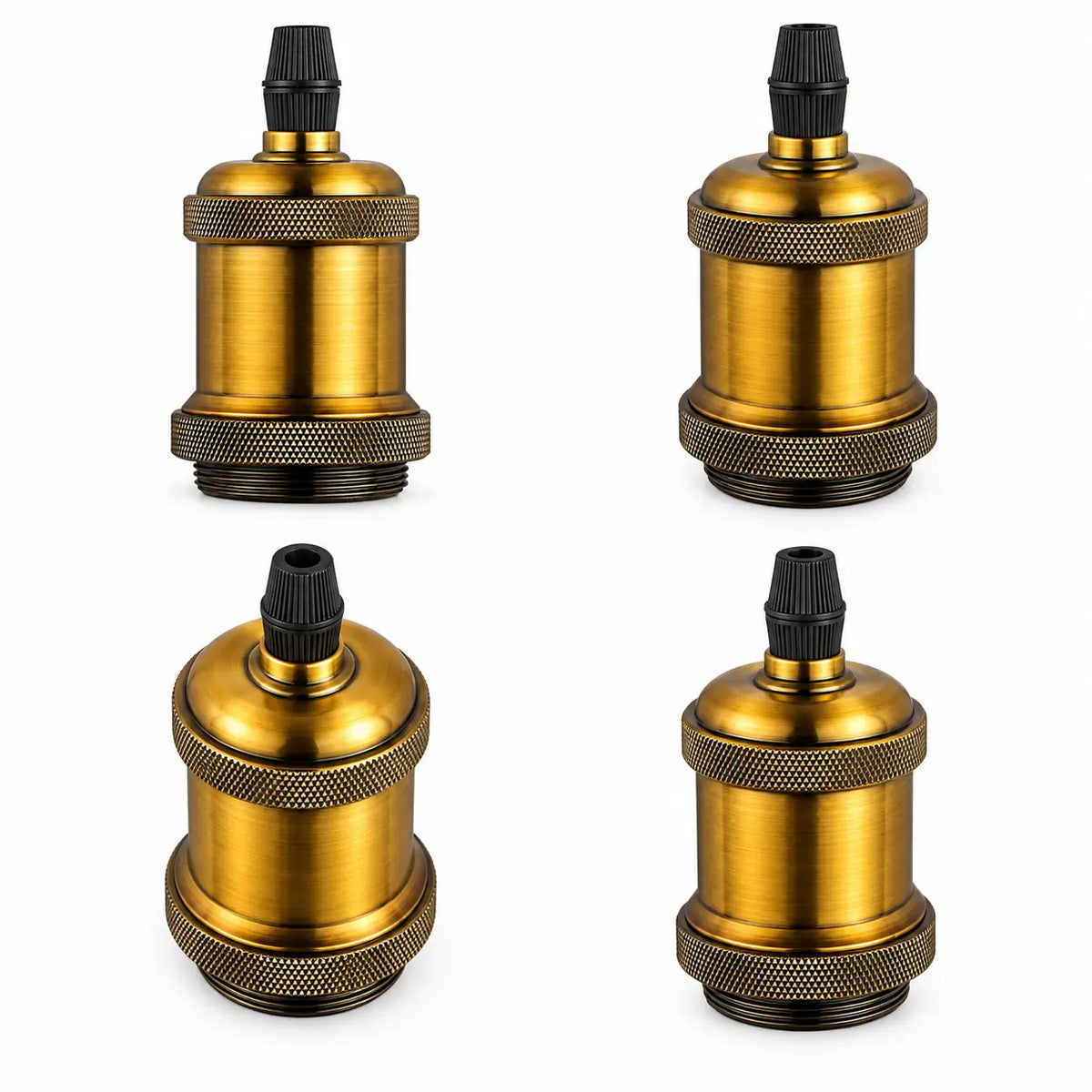 Four views of an gold-toned vintage lamp socket showing its rounded upper housing, textured rings, and black top cap.