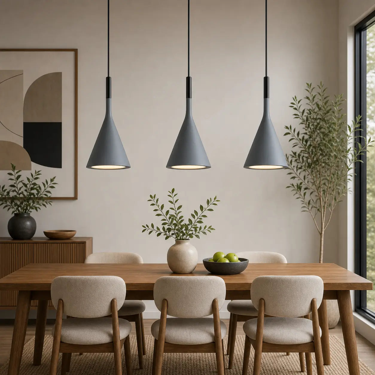 Three gray cone pendant lights arranged in a row above a wood dining table.