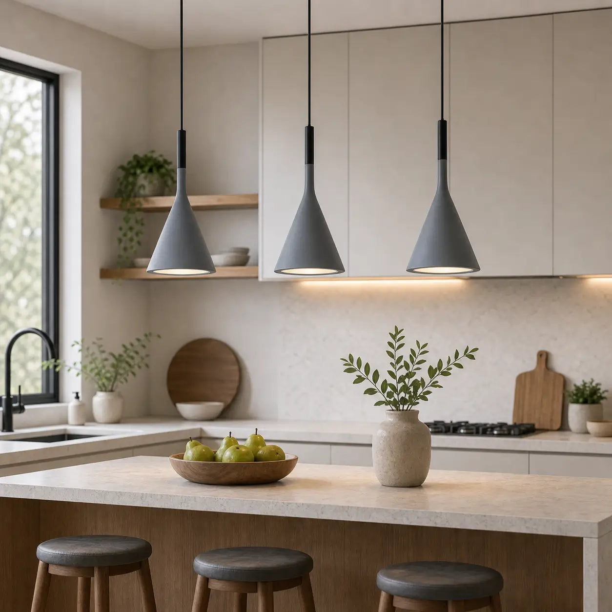 Three gray cone pendant lights installed above a kitchen island with wood and neutral finishes.