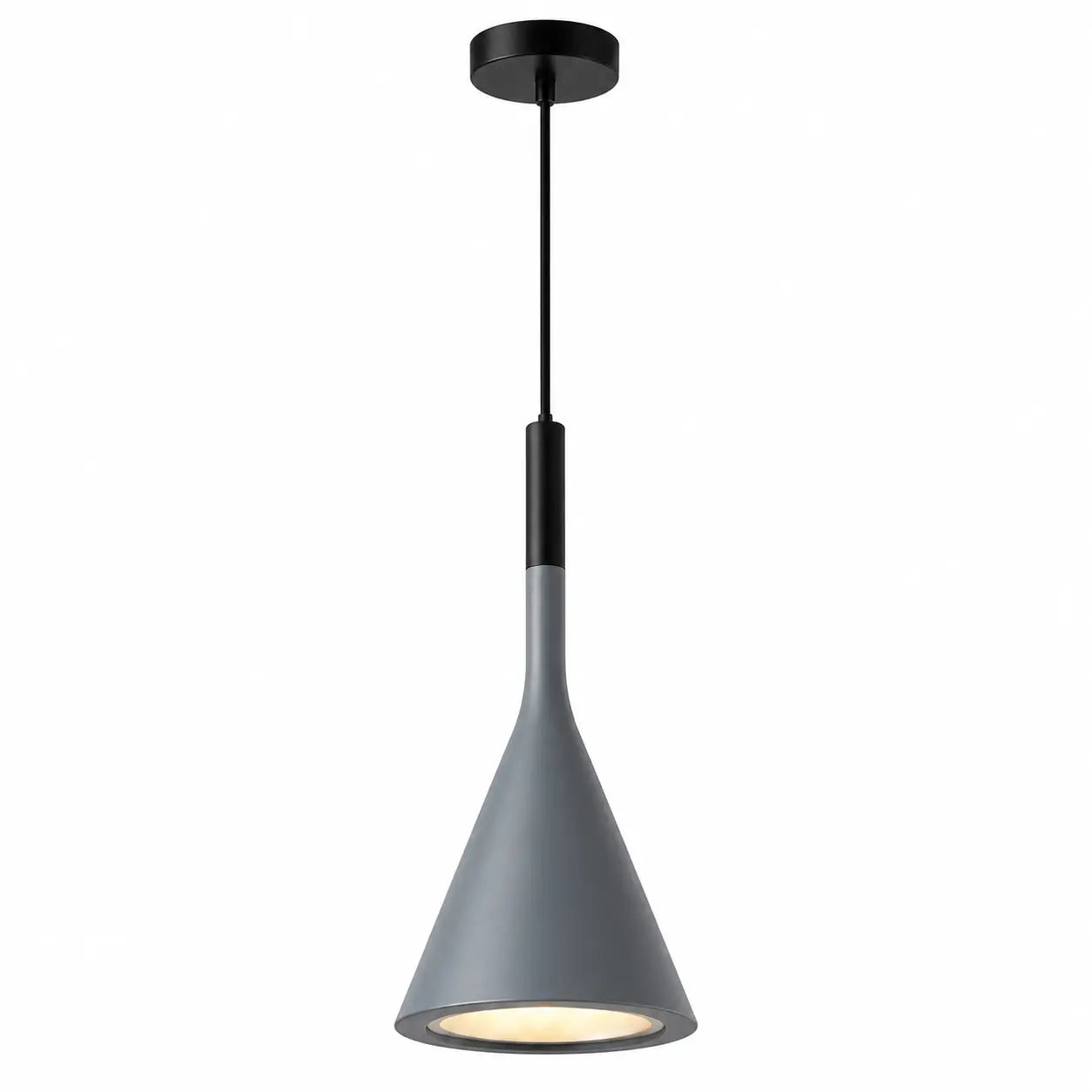 Gray metal cone pendant light with a black canopy, upper housing, and cord against a white background.