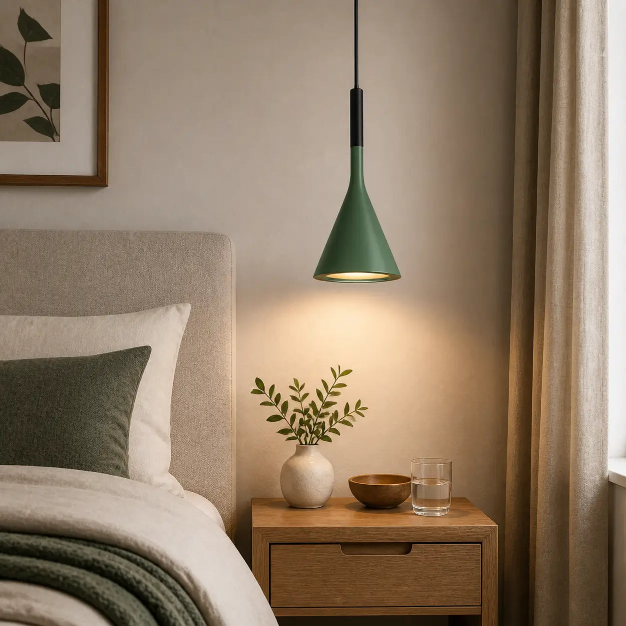 Green cone pendant light providing downward light above a wood nightstand beside an upholstered bed.