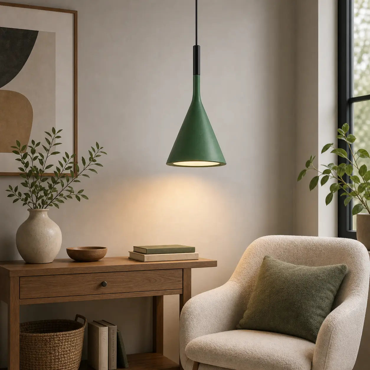 Green cone pendant light illuminating a reading corner with a wood console table and upholstered armchair.