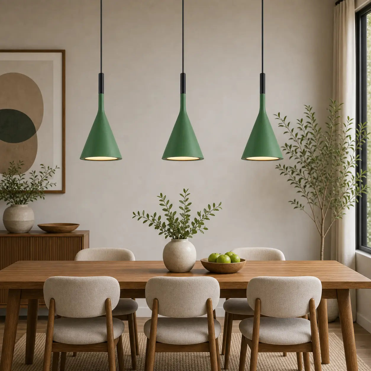 Three green cone pendant lights arranged above a rectangular wood dining table in a neutral dining room.