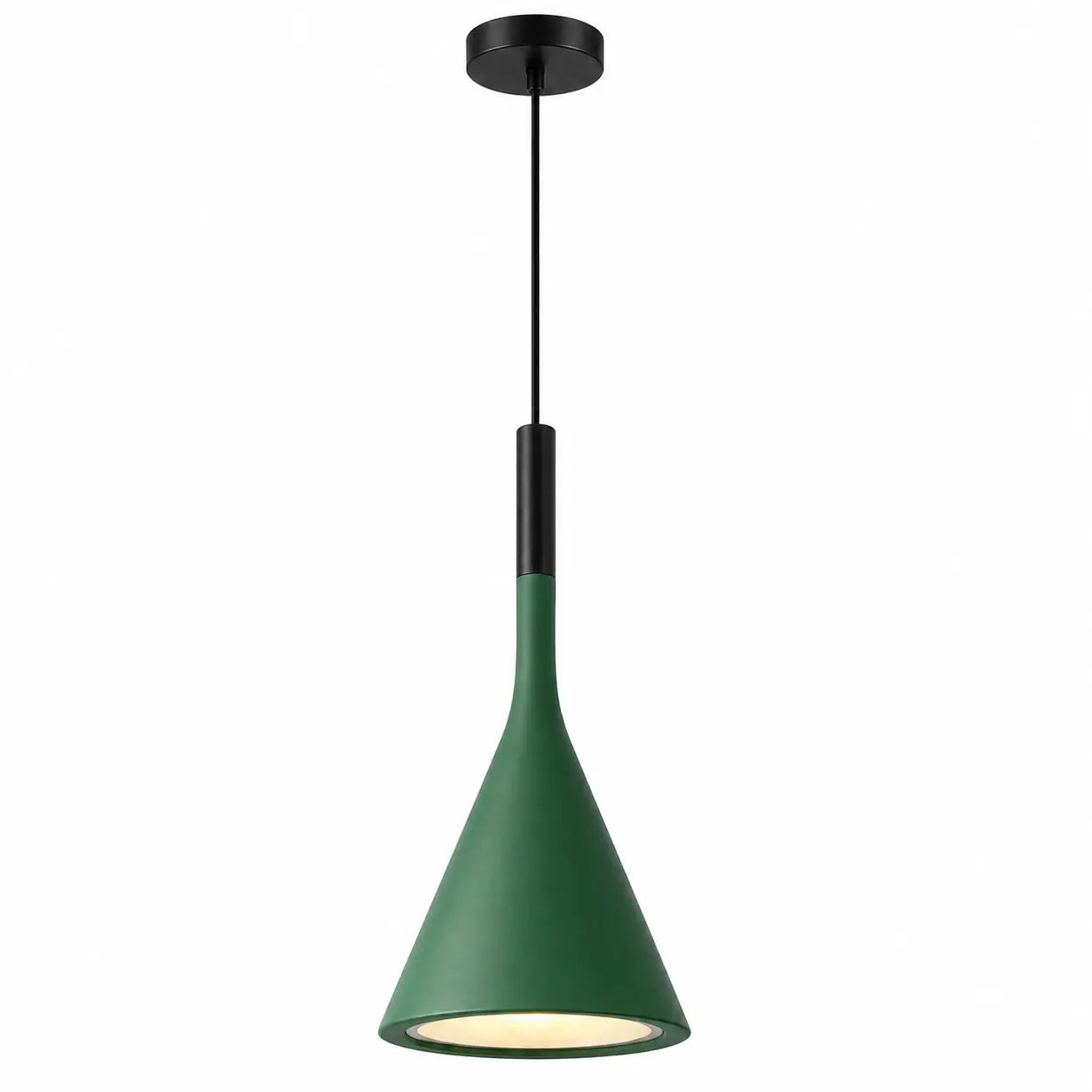 Green metal cone pendant light with a black canopy, cord, and upper housing against a white background.