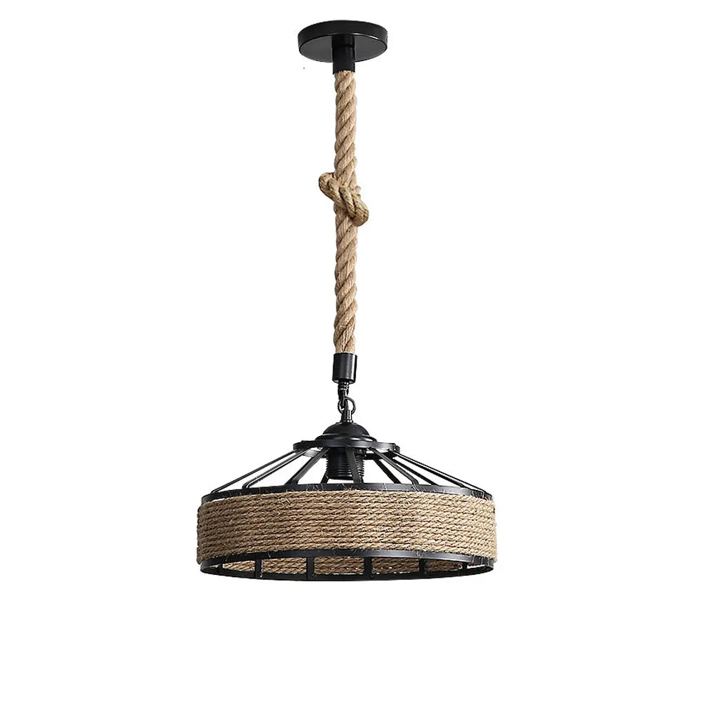 This image shows a rustic-style pendant light featuring a black metal frame with a circular design. The outer part of the light fixture is wrapped in thick natural hemp rope, giving it an industrial yet nautical look.