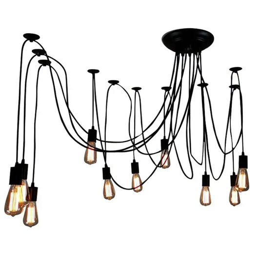 Industrial multi-cable chandelier with black wires and exposed Edison bulbs, a modern loft lighting fixture featuring multiple hanging pendants from a central black canopy.