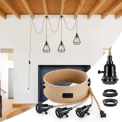 Industrial plug-in rope pendant lights hanging from wooden ceiling