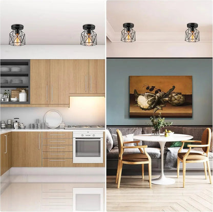 Kitchen and dining area with multiple industrial lighting fixtures, creating a cohesive look.