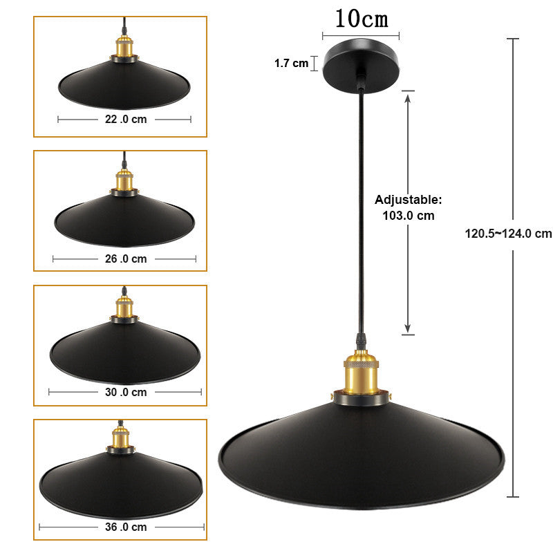 Dimensions of vintage pendant lights. Their diameters are 8.66", 10.23", 11.81", 14.17".