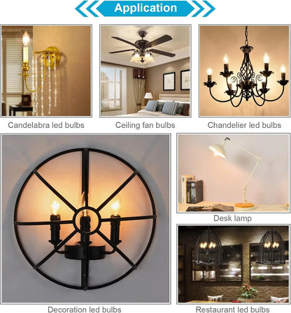 Multiple applications of LED candelabra bulbs: chandelier, wall lamp, ceiling fan