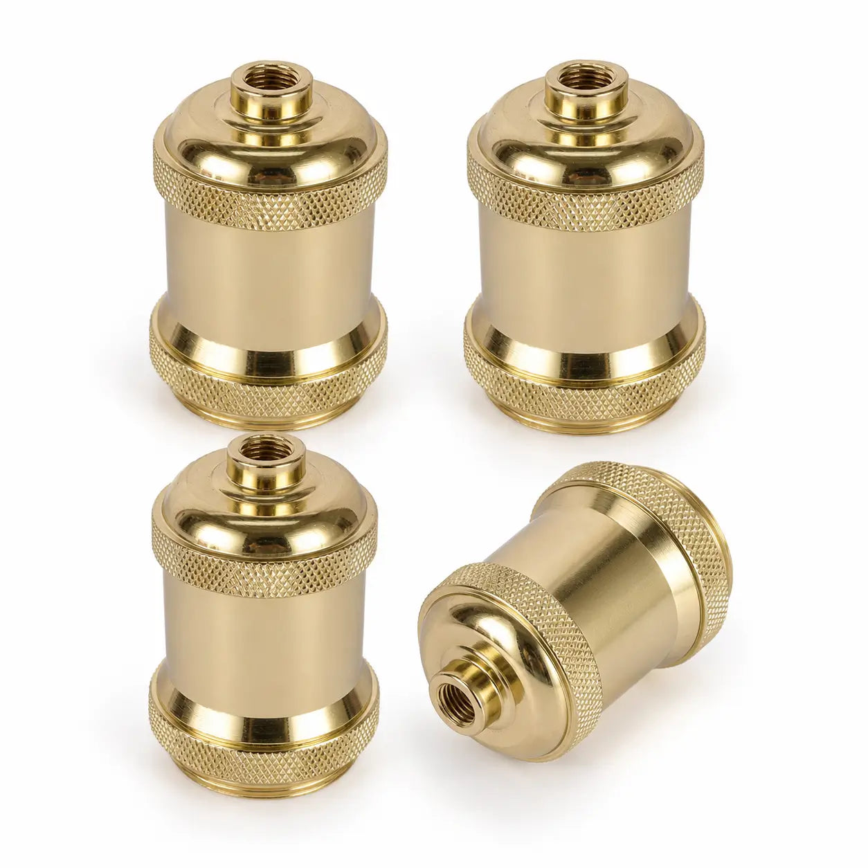 Four Light Gold aluminum alloy DIY lamp sockets shown upright and on their side to display the threaded top openings.