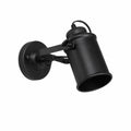Matte black adjustable industrial wall sconce with cylindrical shade on a white background