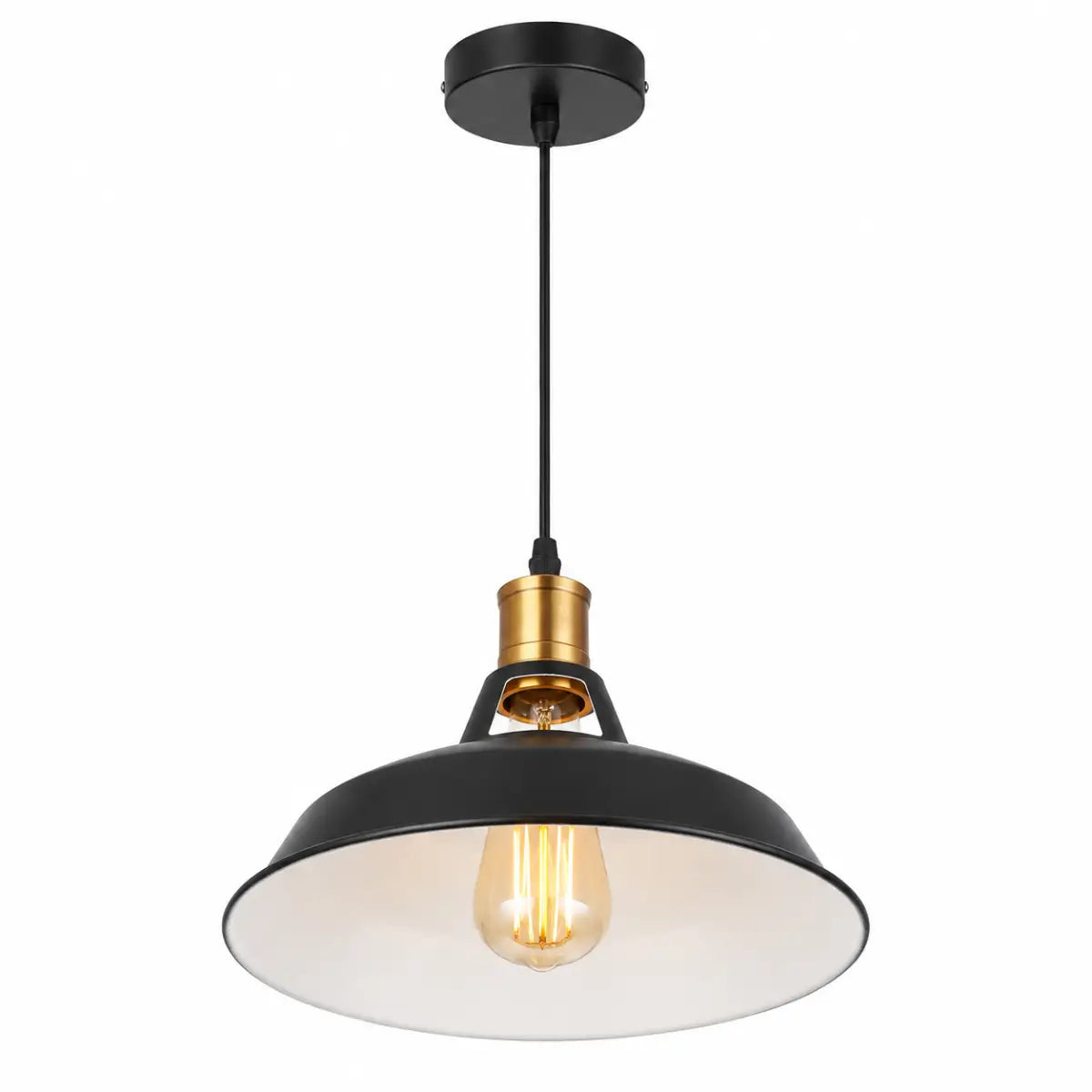 Matte black dome pendant light with a white interior and brass-toned top detail on a white background.