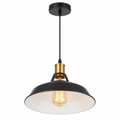 Matte black dome pendant light with a white interior and brass-toned top detail on a white background.