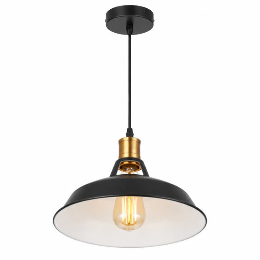 Matte black dome pendant light with a white interior and brass-toned top detail on a white background.