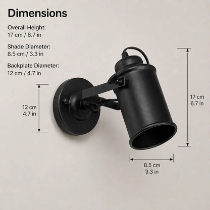 Matte black wall sconce dimensions showing 17 cm height, 8.5 cm shade, and 12 cm backplate