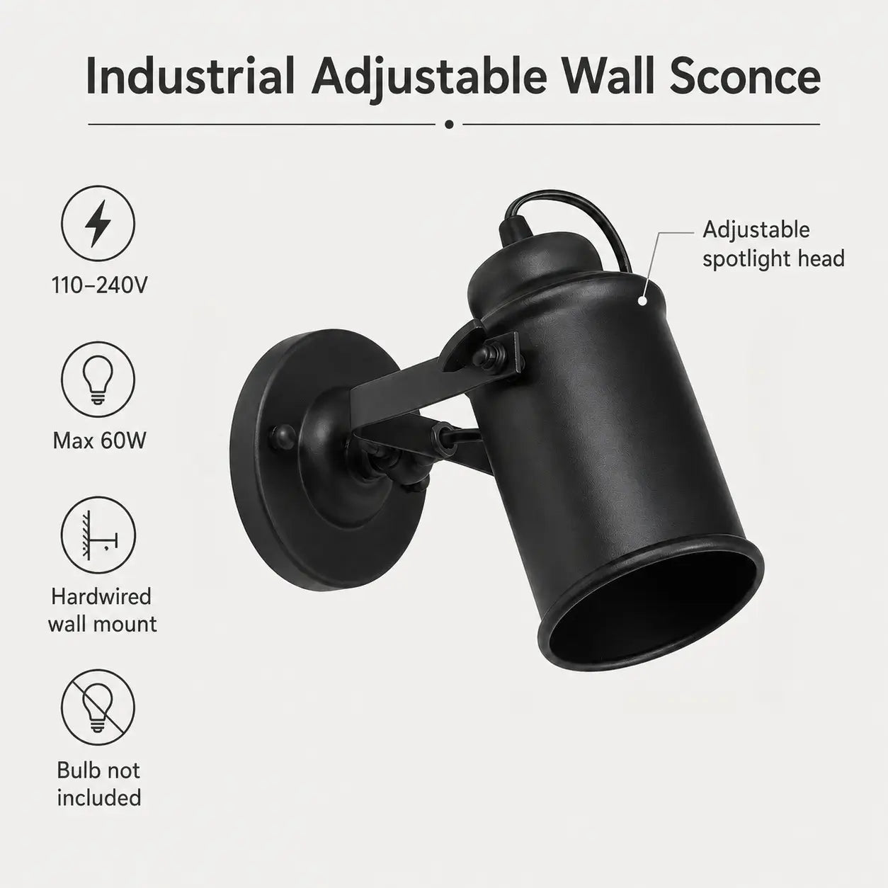 Matte black adjustable wall sconce with voltage, wattage, hardwired installation, and bulb information